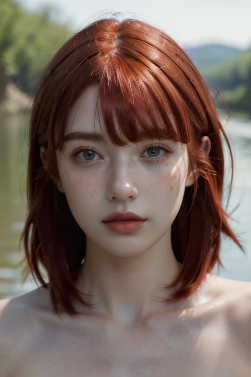 ( masterpiece, top quality, best quality,8k, girl,ultra detailed,raw photo:1.5),(photorealistic:1.4), (bangs, red hair:1.5), (cinematic lighting), PerfectNwsjMajic, , Surrealism, UHD, ccurate, Super detail, textured skin, High detail, Best quality, dynamic angle, White skin,[Beautiful blue eyes], high nose,[flat chest:large breasts:0.5],(1girl),(good anatomy:0.5)),(outside,river, portrait:1.5),dress, freckles,original face 