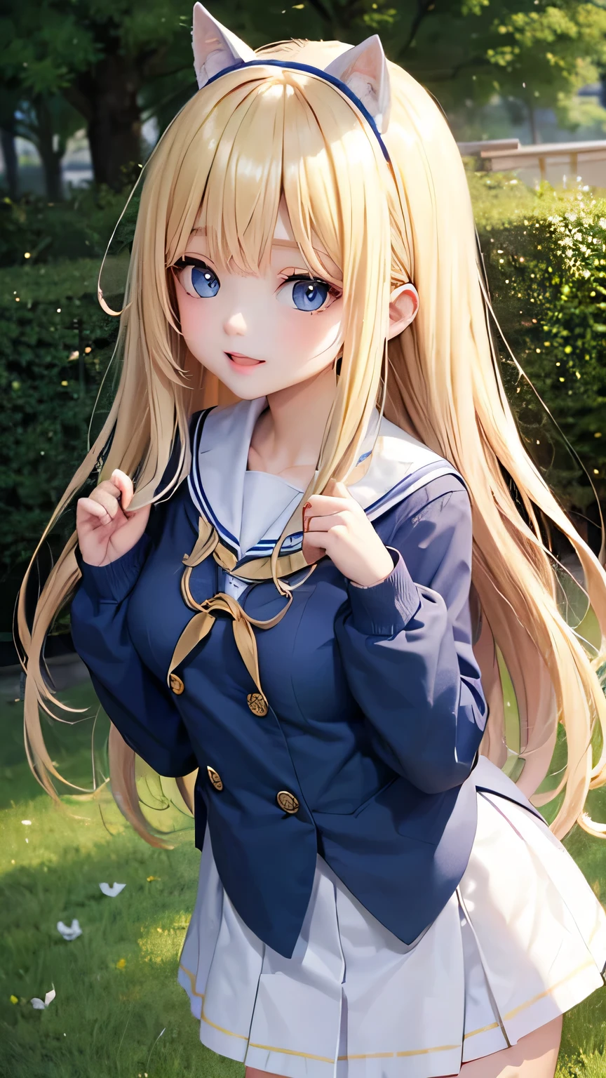 very cute girl、16 years old、light yellow hair、long straight hair、Bangs are too close to the eye、Light Blue Eye、(normal ears)、thin arms、Beautiful body、slim legs、big eyes、large, well-shaped breasts,、clear white skin、smile、(school uniform、uniform white and blue)、Rose Garden、Super high quality、digital single lens reflex、