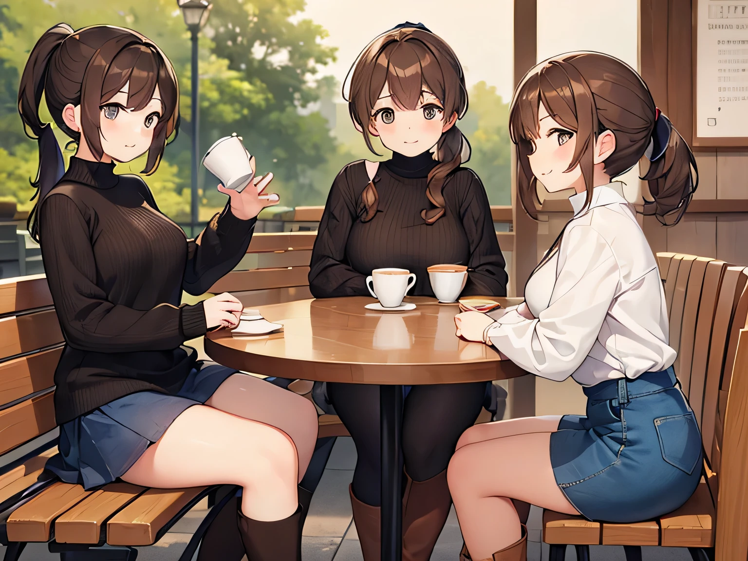 (masterpiece、highest quality、High resolution、realistic pictures、real looking skin:1.1)、
(Three women are sitting on chairs in a cafe:1.5)、
(All three of them have short skirts so their panties are visible.:1.5)、
(All three have smiling expressions:1.5)、
(The first person is wearing an off-the-shoulder long-sleeved knit and a denim miniskirt, brown long boots, and has short brown hair.:1.8)、
(The second person is wearing a V-neck long-sleeved knit, a navy blue pleated miniskirt, black long boots, and has long black hair.:1.8)、
(The third person is wearing a long-sleeved turtleneck sweater, a black houndstooth miniskirt, long black boots, and brown hair in a ponytail.:1.8)、
(The location is a bench in a cafe.:1.5)、
1 Japanese girl、full body esbian、beautiful eyes、shining eyes、Shining thighs、NSFW