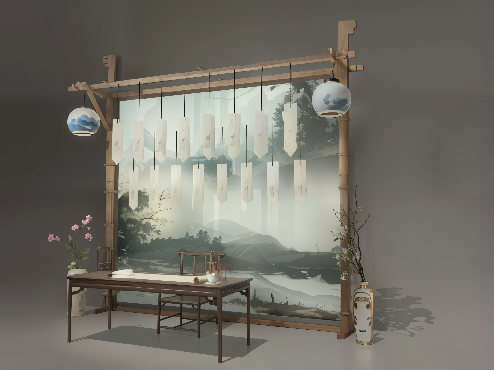(masterpiece, top quality, best quality, official art, Beautiful and beautiful:1.2),(8K, best quality, masterpiece:1.2), CGguofengfeitianswa, 史诗级CGmasterpiece, high dynamic range,digitalTM, Manha,8K, Ultra-detailed graphic tension, dynamic poses, stunning colors, 3D rendering, surrealism, Cinema-level lighting effects, realism, 00 renderer, Surreal, super wide angle。A wine launch venue sign-in backboard with a minimal and cosy stagecoach installation with many wooden plaques hanging from the lintel as a sign-in, inspired by ancient chivalrous stagecoaches, pagodas, pavilions, bamboo, organic lines and textures, China, nods，Chinese culture，Oriental charm。