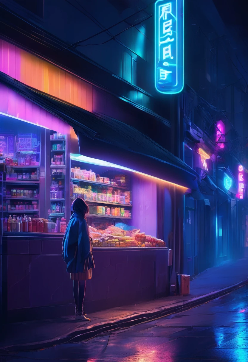 1girl, midnight convenience store, aesthetic, Neon Night page, vibrant city lights, dimly lit shelves full of snacks and drinks, a cashier with tired eyes, fluorescent lighting casting a soft glow, late-night customers browsing the aisles, flickering neon signs outside the store, a sense of mystery and solitude, a hazy atmosphere with a touch of nostalgia, cinematic and atmospheric, high-res details capturing the smallest nuances, a combination of realism and dream-like quality, urban aesthetic blending with a hint of surrealism, cool blue and purple tones, soft shadows and subtle highlights, an ambiance that evokes a sense of tranquility and possibility in the midst of the night.