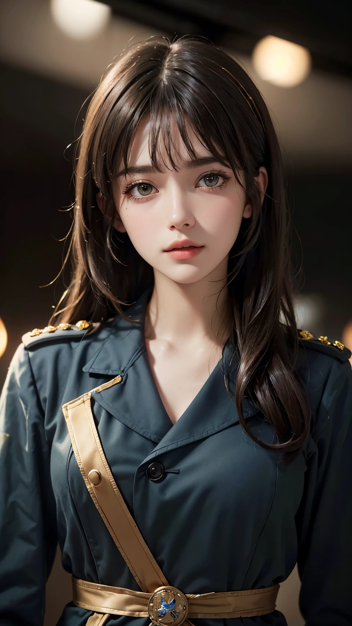 (UHD, retina, masterpiece, accurate, anatomically_correct, textured_skin, super_detail, high_details, high_quality, best_quality, high_res, 1080P, HD, 4K, 8k, 16k), (beautiful_detailed_eyes, beautiful_detailed_lips, extremely_detailed_eyes_and_face), soft_lighting, physically-based_rendering, vivid_colors, (shiny_hair, shiny_skin, tanned_skin, blush), (bangs:1.5), eye_reflection, (bokeh, simple_background), (military_uniform:1.5),