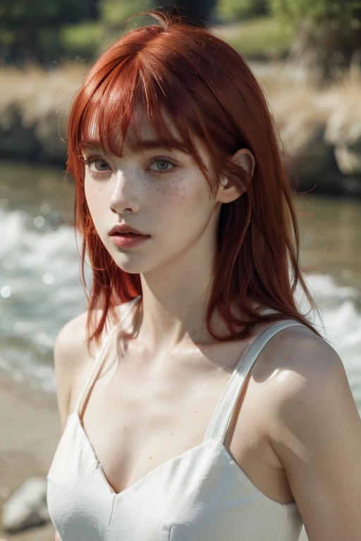 ( masterpiece, top quality, best quality,8k, girl,ultra detailed,raw photo:1.5),(photorealistic:1.4), (bangs, red hair:1.5), (cinematic lighting), PerfectNwsjMajic, , Surrealism, UHD, ccurate, Super detail, textured skin, High detail, Best quality, dynamic angle, White skin,[Beautiful blue eyes], high nose,[flat chest:large breasts:0.5],(1girl),(good anatomy:0.5)),(outside,river,portrait:1.5),white dress, freckles,original face 