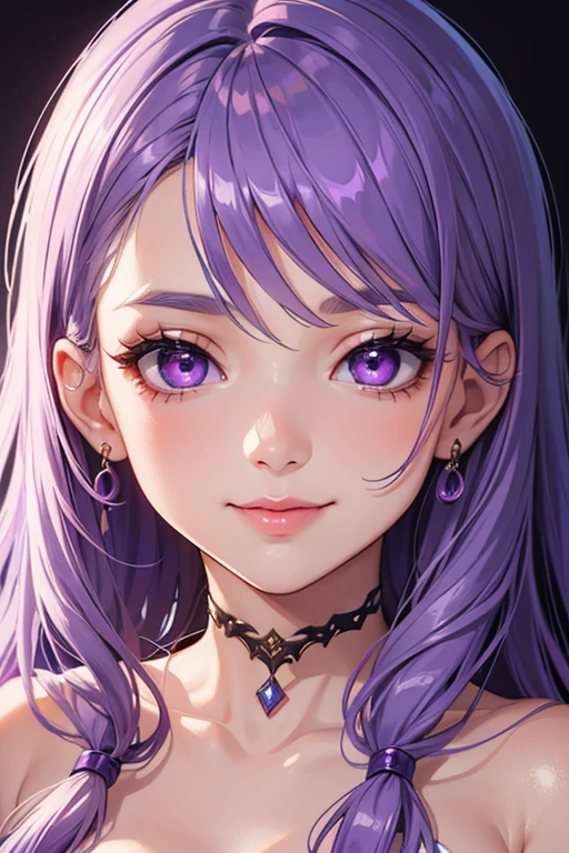 masterpiece, best quality, masterpiece, godlike quality, godlike art, The facial details are very rich, Highly realistic, Lovely, young girl, Smile, big eyes, long eyelashes, light purple hair, light purple eyes, shiny skin,shiny skin
