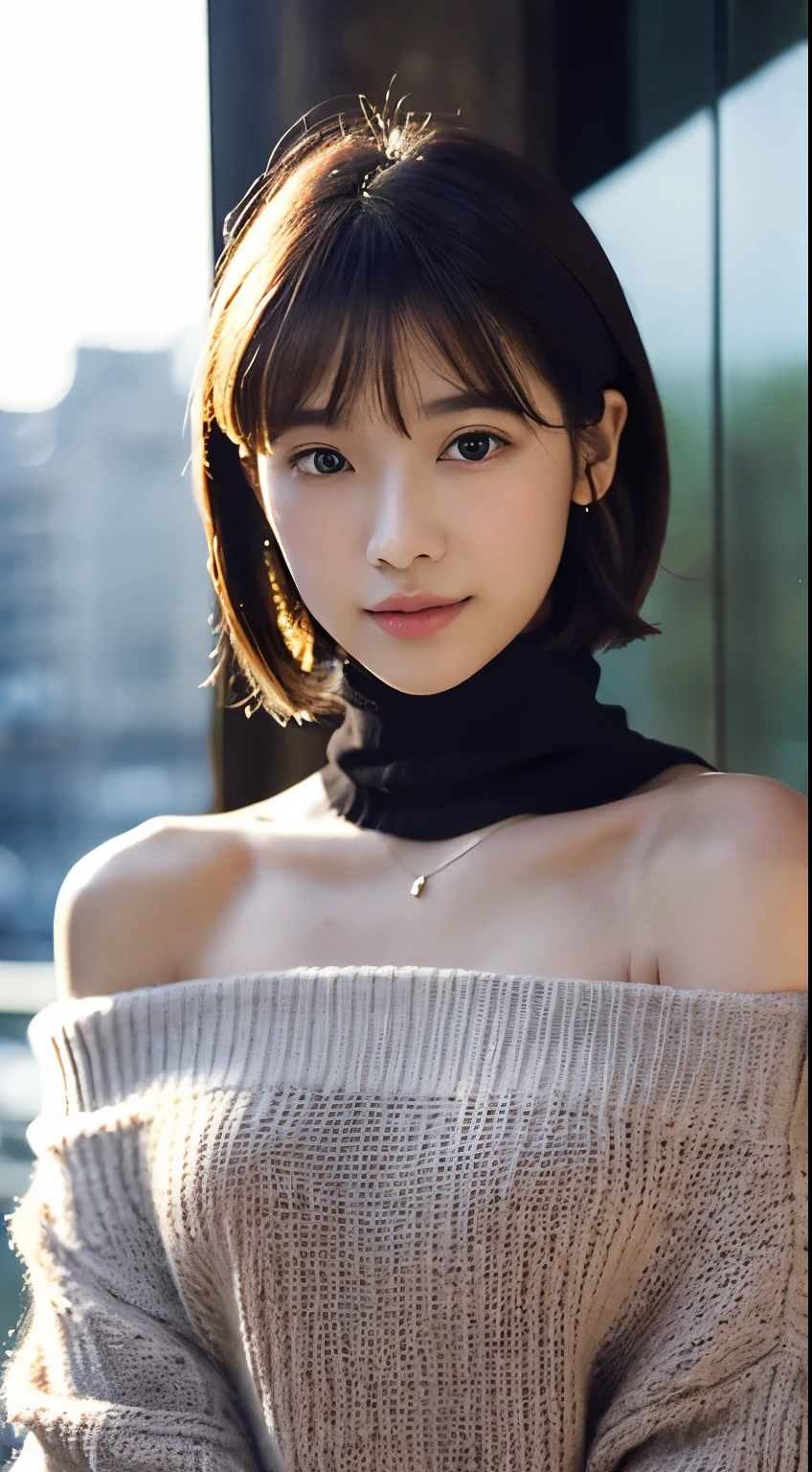(top quality、8K、32k、Masterpiece、north african trade zone:1.2)、Photos of cute Japanese women、Medium chest、(Wolf Cut)、(Dark brown shorthair cat),full-body shot、surface focus、((Off-the-shoulder turtleneck sweater))、A necklace、From above、looking at the audience、Extremely delicate face, Skin and hair,muscular,A slender one,High style,High level of image quality、The background is in the city、gentle eyes、