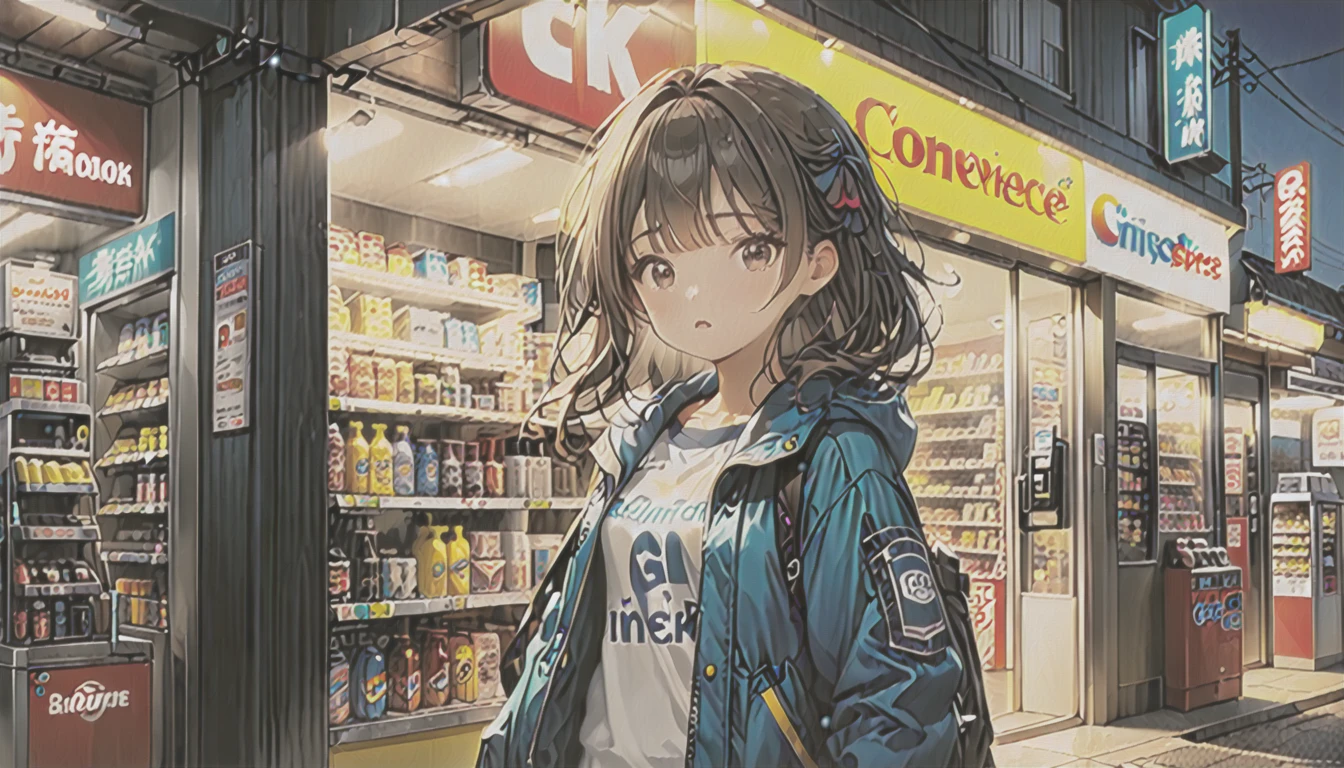 (long shot:2.0),#quality(8k,wallpaper of extremely detailed CG unit, ​masterpiece,hight resolution,top-quality,top-quality real texture skin,hyper realisitic,increase the resolution,RAW photos,best qualtiy,highly detailed,the wallpaper), BREAK ,(a girl is standing in front of the convenience store in the midnight),(you can see full body of the convenience store,from front of the convenience store)
