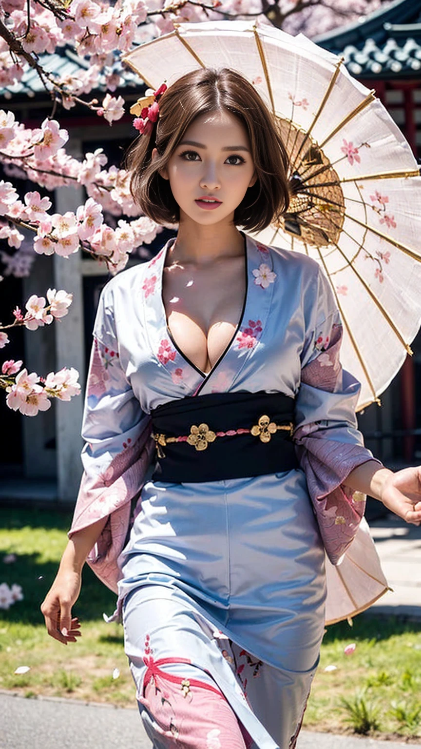 ((elaborate costume:1.6),(Traditional kimono with colorful and shiny luxury Japan:1.4),(Luxury Japanese kimono:1.4,pale and coloured Japanese kimono ,detailed embroidery:1.4)),((falling cherry blossoms:1.6)),(((Cherry blossom row),((Cherry blossom petals dance, cherry blossom blizzard)),((Super detailed scene background))),BREAK ,  1 girl, solo, show skin, extremely beautiful lady hands on hips,(looking at viewer:1.2), busty, BREAK ,intricate details,naughty, slutty, perfect hands, detailed hands, perfect eyes, detailed eyes,(serious:1.1),(gyaru:1.2), (tanned skin:1.1), (dynamic pose) ,BREAK ,(short bob amber hair:1.4),(wind:1.45), realistic, HDR, UHD, dynamic,(colorful:1.3) , blooming light effect, nsfw,