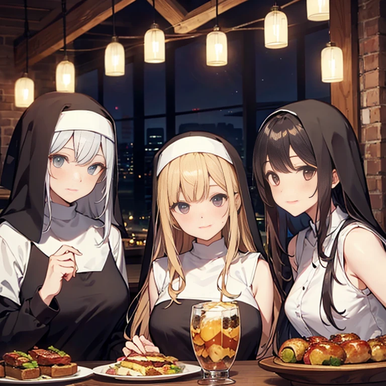 A group of nuns, (in tavern), various hair styles, harem, night, details face, seducing, sleeveless