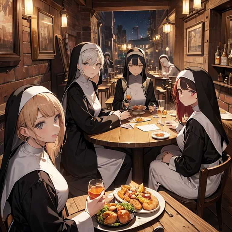 A group of  nuns, (in tavern), various hair styles, harem, night, details face, seducing, sleeveless