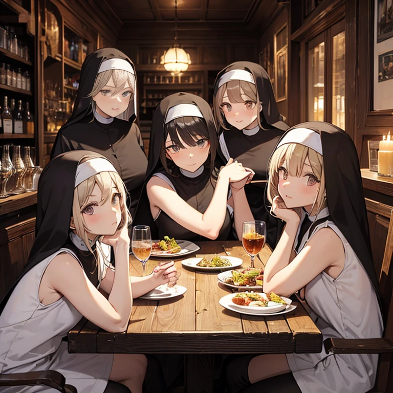 A group of  nuns, (in tavern), various hair styles, harem, night, details face, seducing, sleeveless