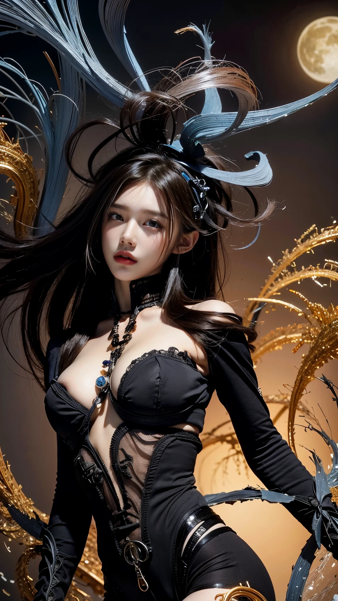 abstract expressionism, centered, looking at camera, near perfect, dynamic, moonlight, highly detailed, digital painting, concept art, smooth, sharp focus, illustration, art. Vibrant brushstrokes, bold colors, abstract forms, expressiveness, emotions, official art, unified 8k wallpapers, ultra-detailed, beautiful and aesthetic, masterpieces, best quality, (mandala, tangle, tangle), ( Fractal Art: 1.3), 1girl, extremely detailed, dynamic angles,