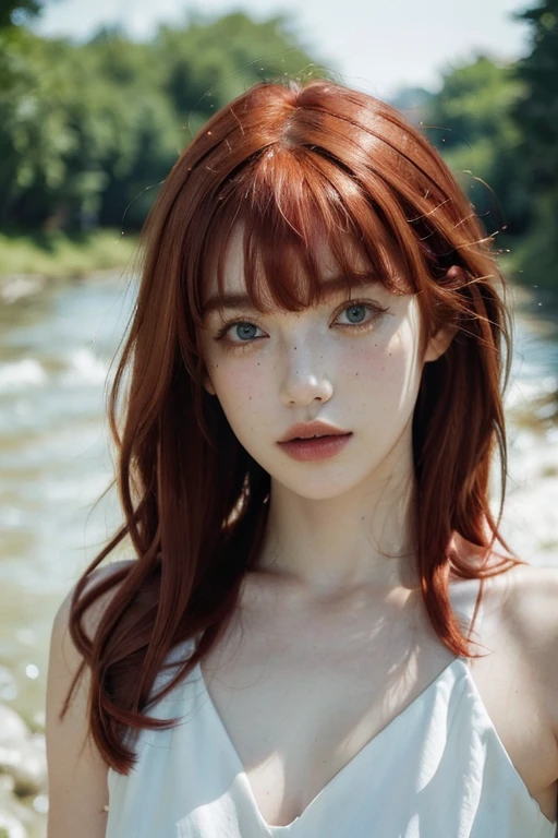 ( masterpiece, top quality, best quality,8k, girl,ultra detailed,raw photo:1.5),(photorealistic:1.4), (bangs, red hair:1.5), (cinematic lighting), PerfectNwsjMajic, , Surrealism, UHD, ccurate, Super detail, textured skin, High detail, Best quality, dynamic angle, White skin,[Beautiful blue eyes], high nose,[flat chest:large breasts:0.5],(1girl),(good anatomy:0.5)),(outside,river, portrait:1.5),white dress, freckles,original face 