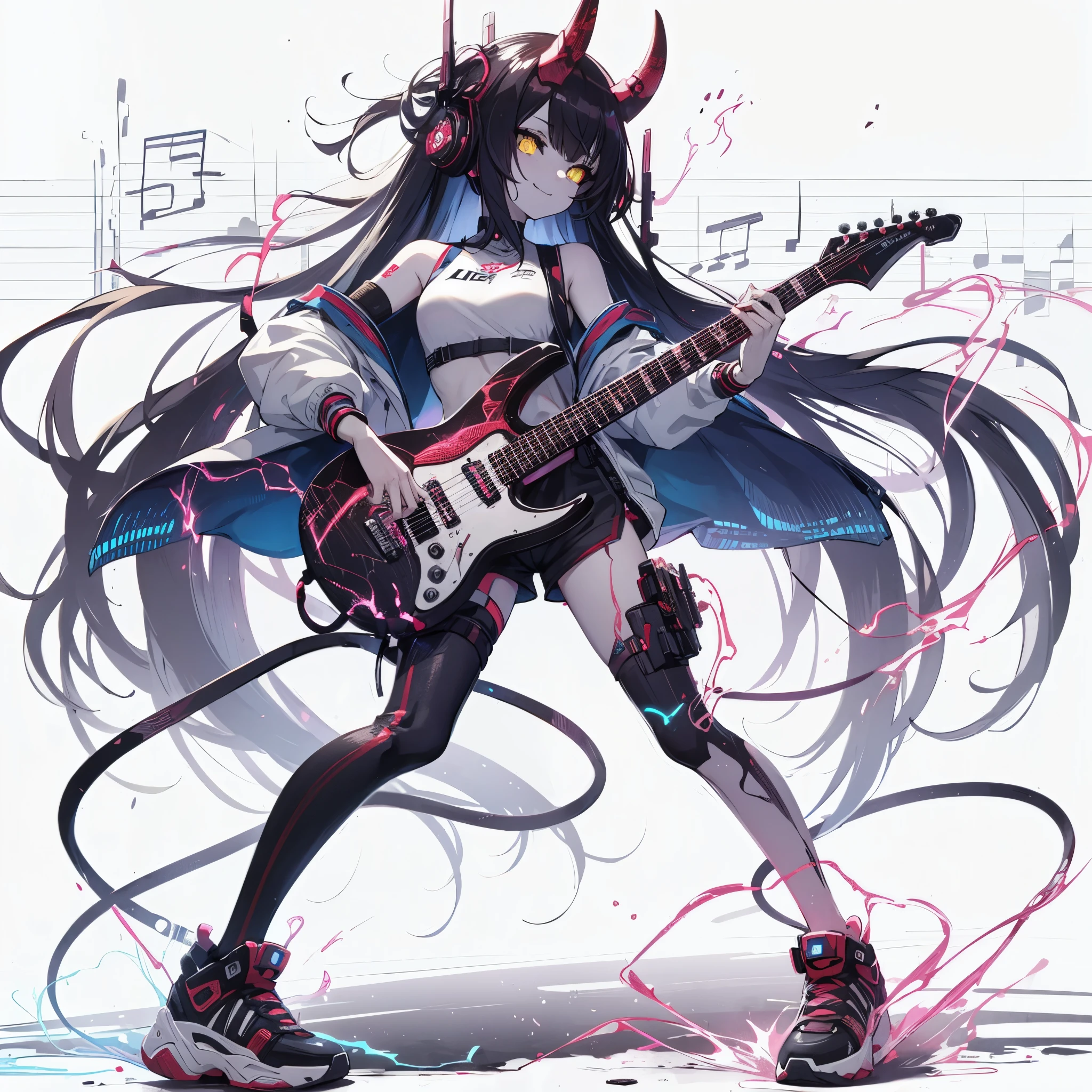 Masterpiece, best quality, ultra-detailed, anime style, full body of cyberpunk artist oni girl, sporty wear, long black hair and yellow eyes, held electric guitar, long horn and pale red skin, wearing hi-Tec shoes, dancing electricity and notes, 8k high resolution, trending art station, white background, whole body, standing in live house. winning smile.
