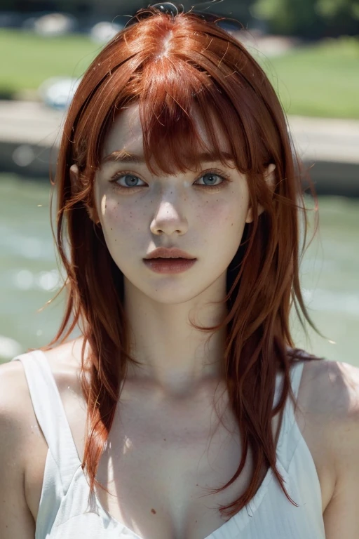 ( masterpiece, top quality, best quality,8k,17 years old girl,ultra detailed,raw photo:1.5),(photorealistic:1.4), (bangs, red hair:1.5), (cinematic lighting), PerfectNwsjMajic, , Surrealism, UHD, ccurate, Super detail, textured skin, High detail, Best quality, dynamic angle, White skin,[Beautiful blue eyes], high nose,[flat chest:large breasts:0.5],(1girl),(good anatomy:0.5)),(outside,river,portrait:1.5),white dress, freckles,original face 