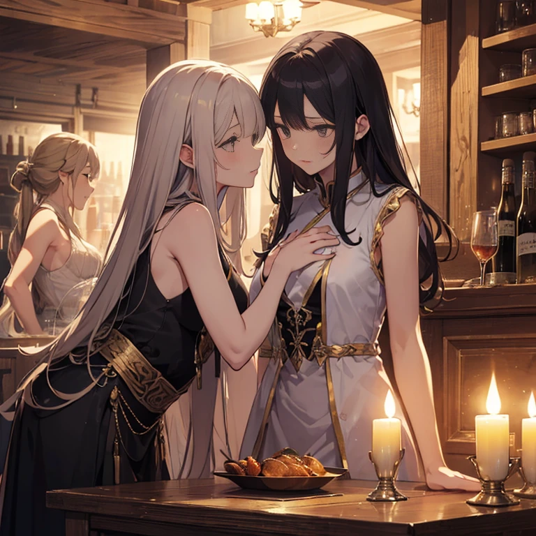 A group of priestesses, (in tavern), various hair styles, harem, night, details face, seducing, sleeveless