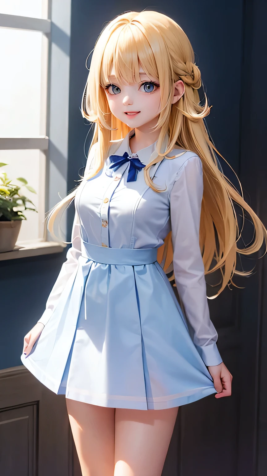 very cute girl、18-year-old、light yellow hair、long straight hair、Bangs are too close to the eye、Light Blue Eye、(normal ears)、thin arms、Beautiful body、slim legs、big eyes、large, well-shaped breasts,、clear white skin、smile、(school uniform、uniform white and blue)、Rose Garden、Super high quality、digital single lens reflex、