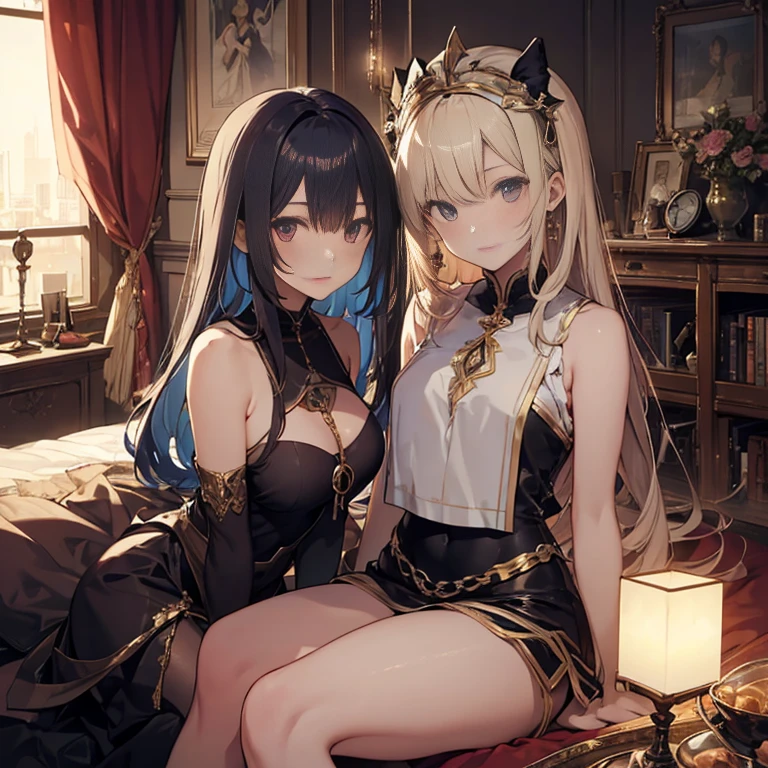 (masterpiece, best quality),(3heads:1.5),seductive anime woman,Anime figure, best resolution, 1girl, evil villain, golden long hair, gold eyes,(dragon girl)