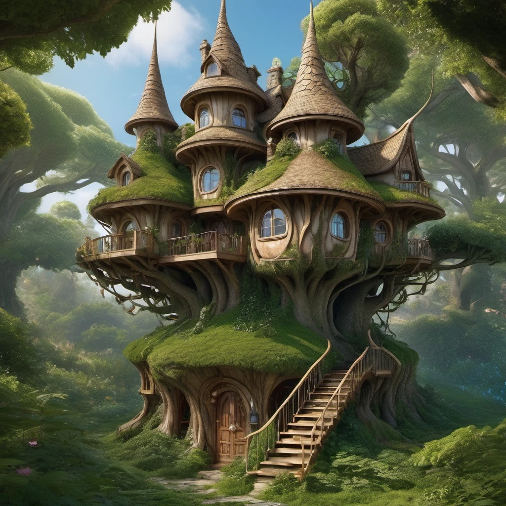 House built from trees，exist，So many elves（（best quality））， （（intricate details））， （（Surrealism））（8K）