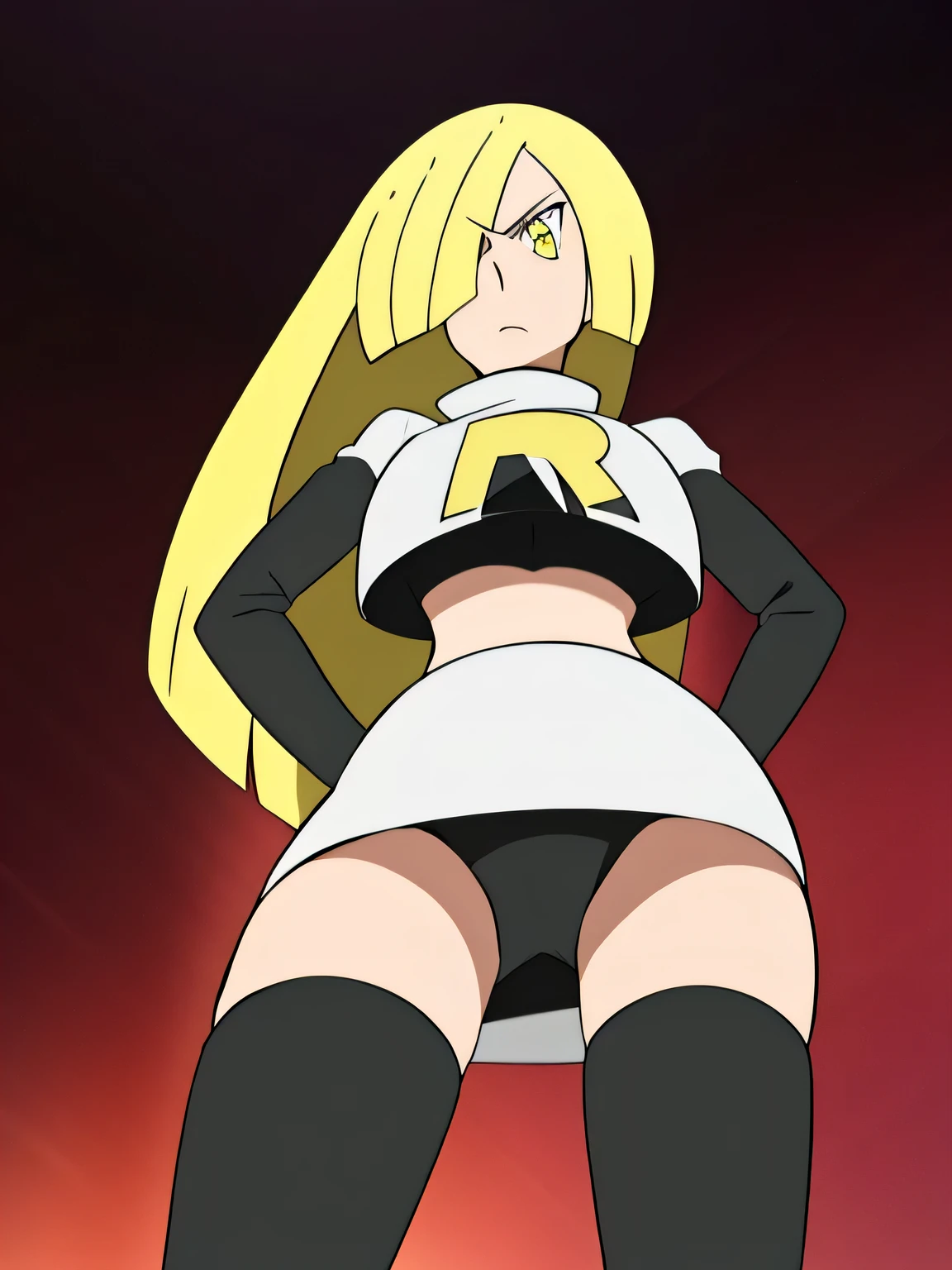 8k, masterpiece,highres,very large breast, team rocket uniform, red letter r, white skirt,white crop top,black thigh-high boots, black elbow gloves, glaring angrily, looking down at viewer, hands on hips, cowboy shot, zettai ryouiki,from below, black panties,anime style, vivid colors, sharp focus, intense lighting,pokemoncynthia, blonde hair, hair ornament, hair over one eye, long hair, (yellow eyes:1.5)