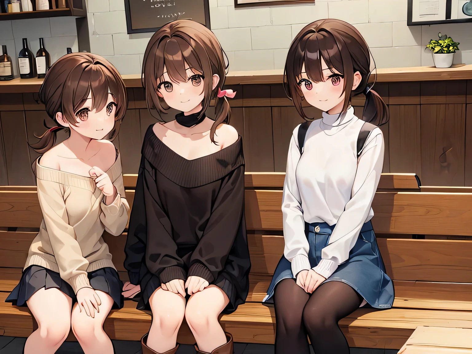 (masterpiece、highest quality、High resolution、realistic pictures、real looking skin:1.1)、
(Three women are sitting on chairs in a cafe:1.5)、
(All three of them have short skirts so their panties are visible.:1.5)、
(All three have smiling expressions:1.5)、
(The first person is wearing an off-the-shoulder long-sleeved knit and a denim miniskirt, brown long boots, and has short brown hair.:1.8)、
(The second person is wearing a V-neck long-sleeved knit, a navy blue pleated miniskirt, black long boots, and has long black hair.:1.8)、
(The third person is wearing a long-sleeved turtleneck sweater, a black houndstooth miniskirt, long black boots, and brown hair in a ponytail.:1.8)、
(The location is a bench in a cafe.:1.5)、
1 Japanese girl、full body esbian、beautiful eyes、shining eyes、Shining thighs、NSFW