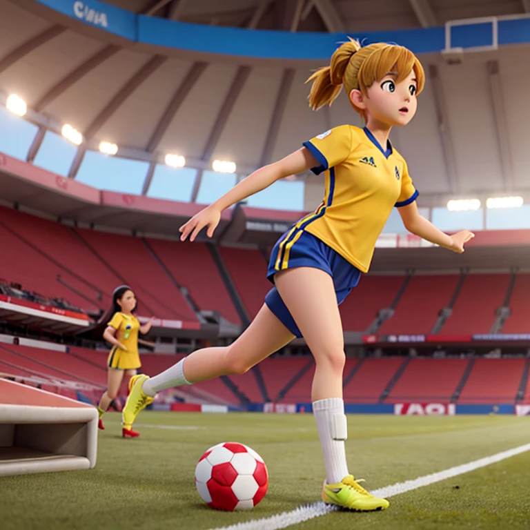Lynn Loud from The Loud House, brown hair, ponytail, red shirt, red track shorts, white knee-high socks, black cleats shoes, kneeling, side view, blowjob, soccer court, 3d, angry, crowd, people, public, phone recording