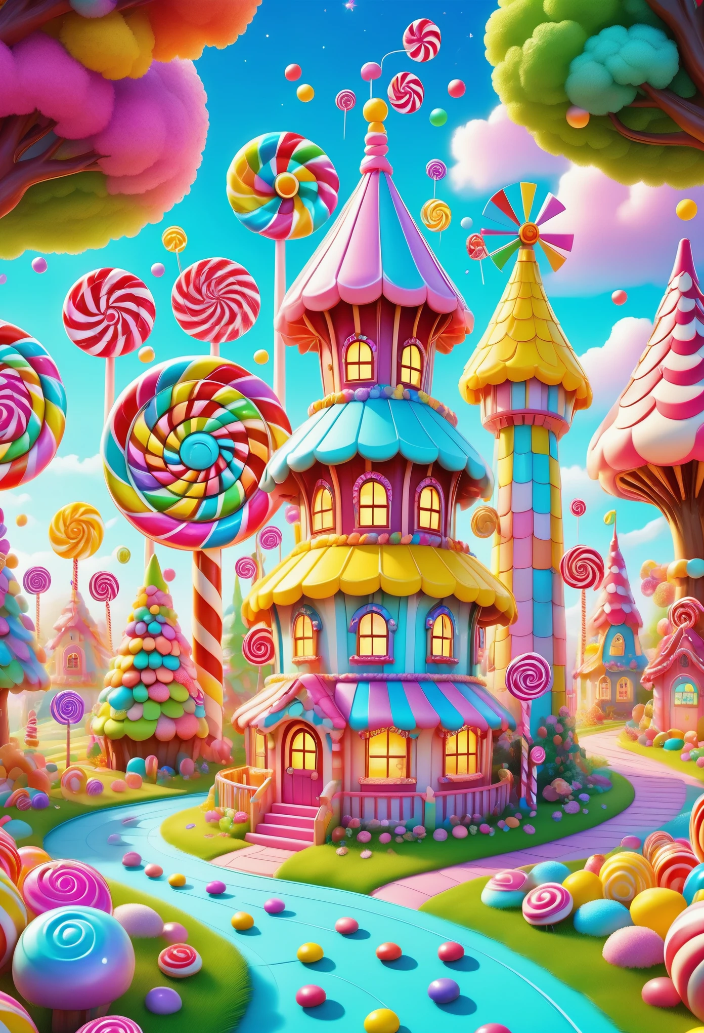 enchanted forest。candyland。Cake Castle。Candy Ferris Wheel。Candy Tree Candy Windmill,rich and colorful。colorful, cartoon style, led,Light,Little house made of candy, bright colors, High resolution, high quality, high detail, The art of math, fantasy, magic.