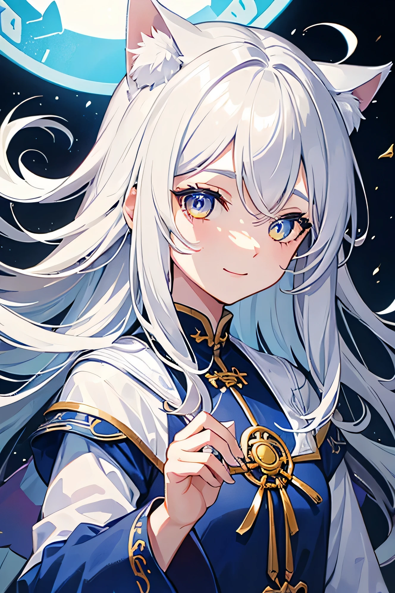 semi-long,silver hair,pretty girl.wizard,Cat ear,odd eye,Right eye is yellow,Left eye is blue,gentle smile,icon,seems kind,odd eye,Chinese clothes,Eye-catching,face close up