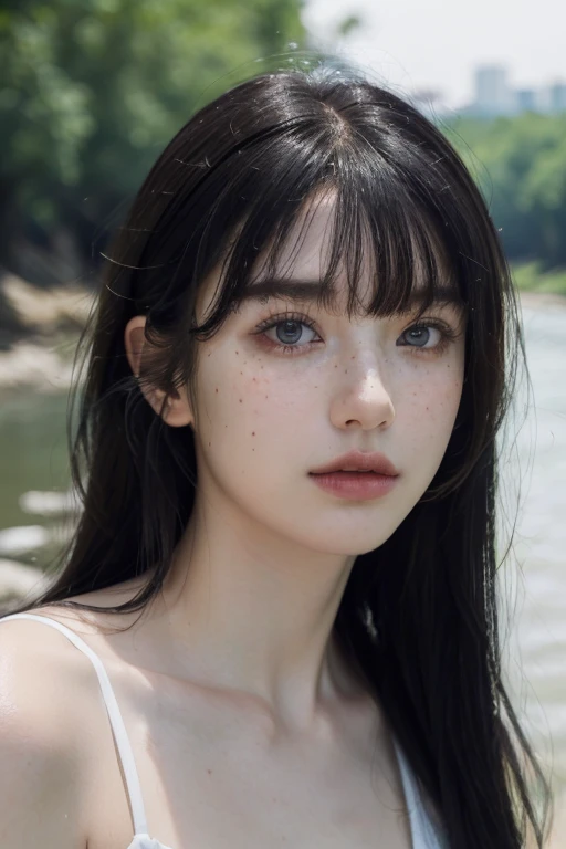 ( masterpiece, top quality, best quality,8k,17 years old girl,ultra detailed,raw photo:1.5),(photorealistic:1.4), (bangs, black hair:1.5), (cinematic lighting), PerfectNwsjMajic, , Surrealism, UHD, ccurate, Super detail, textured skin, High detail, Best quality, dynamic angle, White skin,[Beautiful blue eyes], high nose,[flat chest:large breasts:0.5],(1girl),(good anatomy:0.5)),(outside,river,portrait:1.5),white dress, freckles,original face 