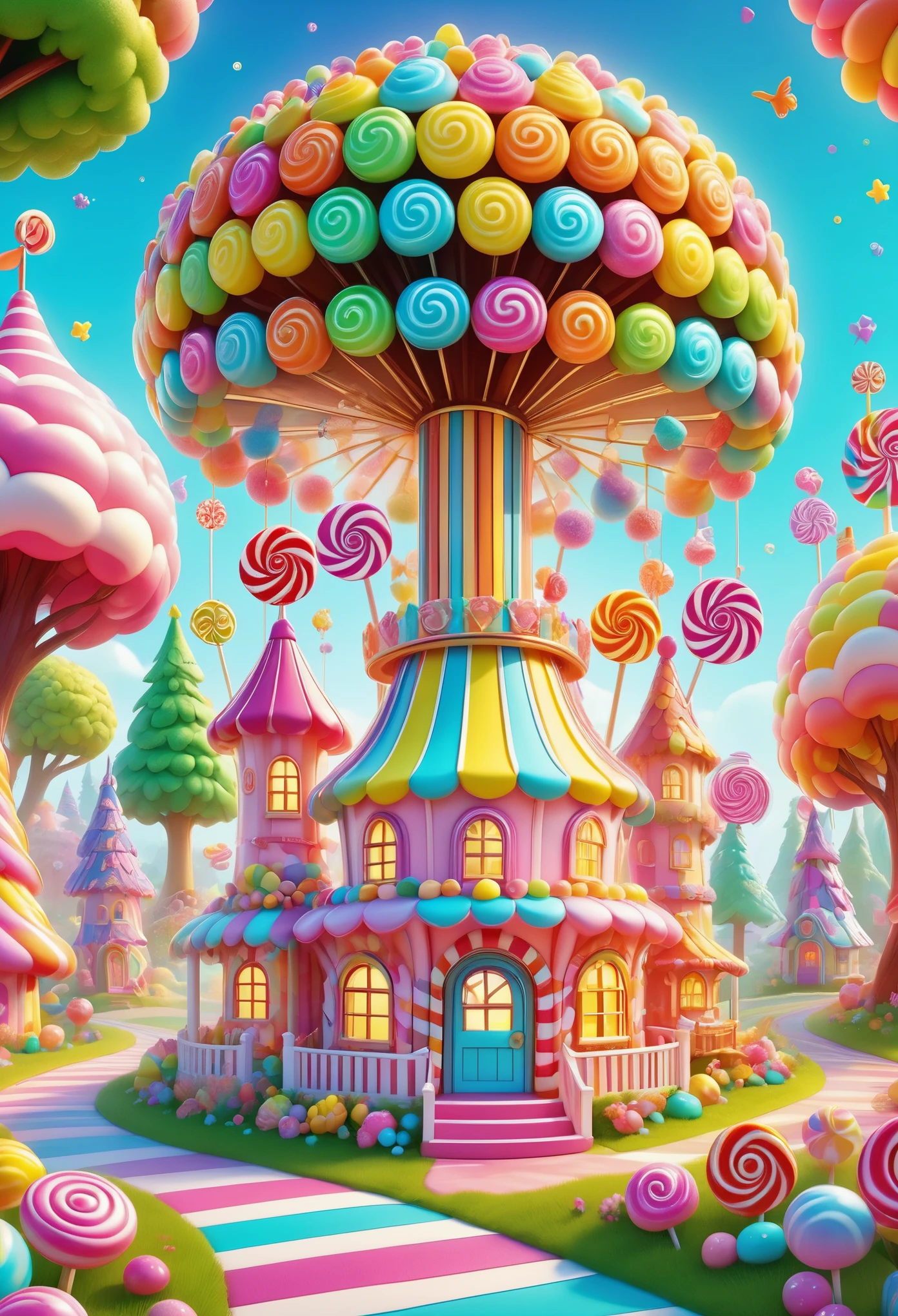 enchanted forest。candyland。Cake Castle。Candy Ferris Wheel。Candy Tree Candy Windmill，rich and colorful。colorful， cartoon style, led，Light，Little house made of candy, bright colors, High resolution, high quality, high detail, The art of math, fantasy, magic.