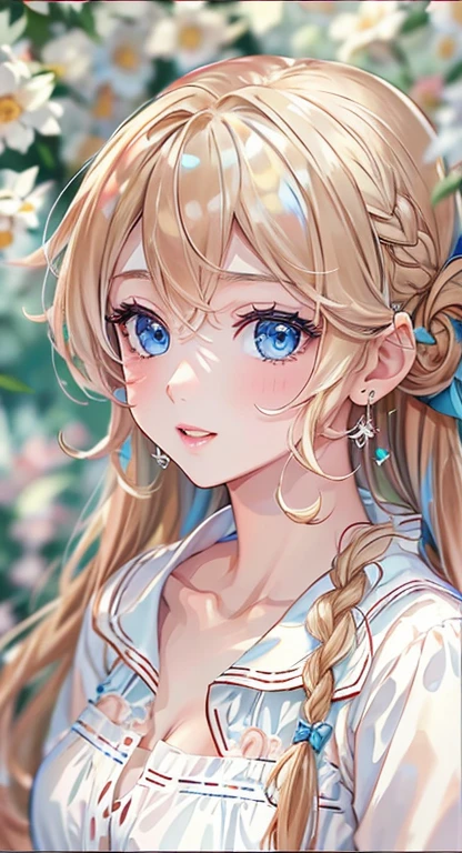 ((highest quality)), ((masterpiece)), (get used to it), perfect face , masterpiece、highest quality、High resolution、high quality images、8K, 1 female、skin luster、Texture of skin and clothing、Expression of fine eyes、Shiny bright golden hair,Girl with long braided hair, Manga inspired by Lee Jong-suk, trending on deviantart, realism, Detailed manga style, manga art style, perfect line drawing, beautiful line drawing, digital manga art girl, K-POPアイドル, beautiful blue eyes, plump lips, Detailed gorgeous face, (cute smile), charm, innocent, Side view, (perfectly detailed face), (fine hands) photorealistic images, Depth of written boundary, 20th generation ,beautiful girl , Rabbitの耳 , Fluffy clothes , medium breasts , protruding shoulders , I can see the cleavage , Rabbit , There are many flowers in the background ,