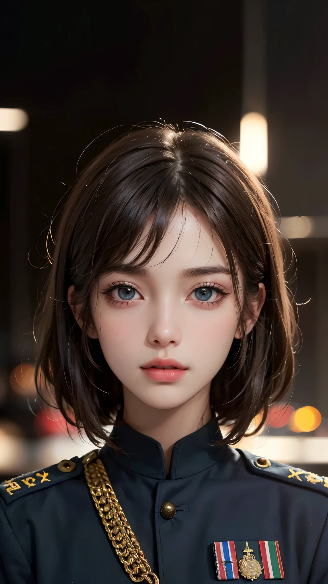 (UHD, retina, masterpiece, accurate, anatomically_correct, textured_skin, super_detail, high_details, high_quality, best_quality, high_res, 1080P, HD, 4K, 8k, 16k), (beautiful_detailed_eyes, beautiful_detailed_lips, extremely_detailed_eyes_and_face), soft_lighting, physically-based_rendering, vivid_colors, large_breasts, glamorous_body, (shiny_hair, shiny_skin, tanned_skin, blush), (bangs:1.5), eye_reflection, (bokeh, simple_background), (military_uniform:1.5),