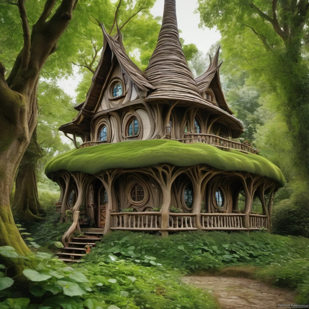 House built from trees，exist，So many elves（（best quality））， （（intricate details））， （（Surrealism））（8K）