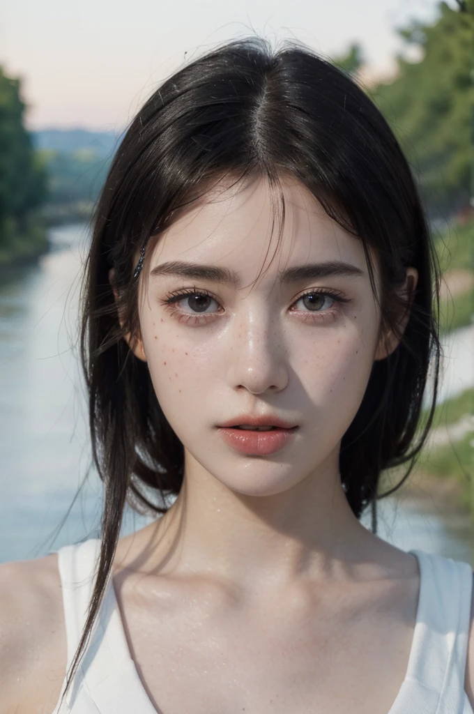 ( masterpiece, top quality, best quality,8k, girl,ultra detailed,raw photo:1.5),(photorealistic:1.4), (bangs, black hair:1.5), (cinematic lighting), PerfectNwsjMajic, , Surrealism, UHD, ccurate, Super detail, textured skin, High detail, Best quality, dynamic angle, White skin,[Beautiful blue eyes], high nose,[flat chest:large breasts:0.5],(1girl),(good anatomy:0.5)),(outside,river, portrait:1.5),white dress, freckles,original face 