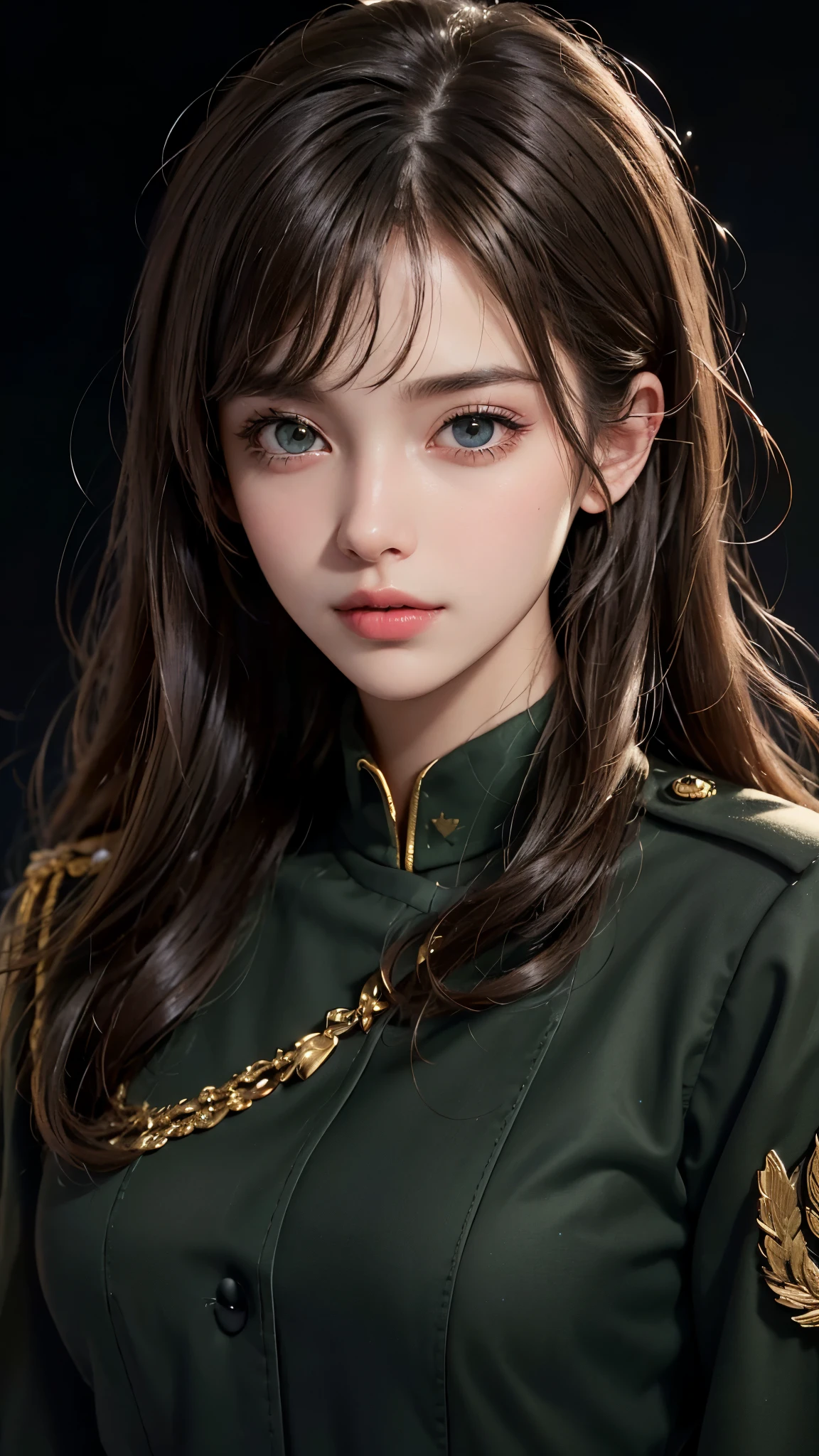 (UHD, retina, masterpiece, accurate, anatomically_correct, textured_skin, super_detail, high_details, high_quality, best_quality, high_res, 1080P, HD, 4K, 8k, 16k), (beautiful_detailed_eyes, beautiful_detailed_lips, extremely_detailed_eyes_and_face), soft_lighting, physically-based_rendering, vivid_colors, large_breasts, glamorous_body, (shiny_hair, shiny_skin, tanned_skin, blush), (bangs:1.5), eye_reflection, (bokeh, simple_background), (military_uniform:1.5),