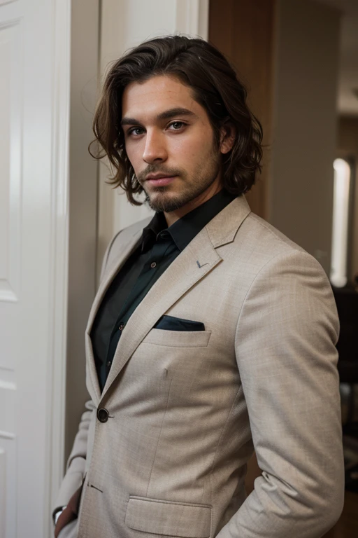 Male stubble beard brown handsome green eyes thin middle curly hair classy dressed