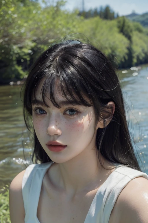 ( masterpiece, top quality, best quality,8k,17 years old girl,ultra detailed,raw photo:1.5),(photorealistic:1.4), (bangs, black hair:1.5), (cinematic lighting), PerfectNwsjMajic, , Surrealism, UHD, ccurate, Super detail, textured skin, High detail, Best quality, dynamic angle, White skin,[Beautiful blue eyes], high nose,[flat chest:large breasts:0.5],(1girl),(good anatomy:0.5)),(outside,river,portrait:1.5),white dress, freckles,original face 