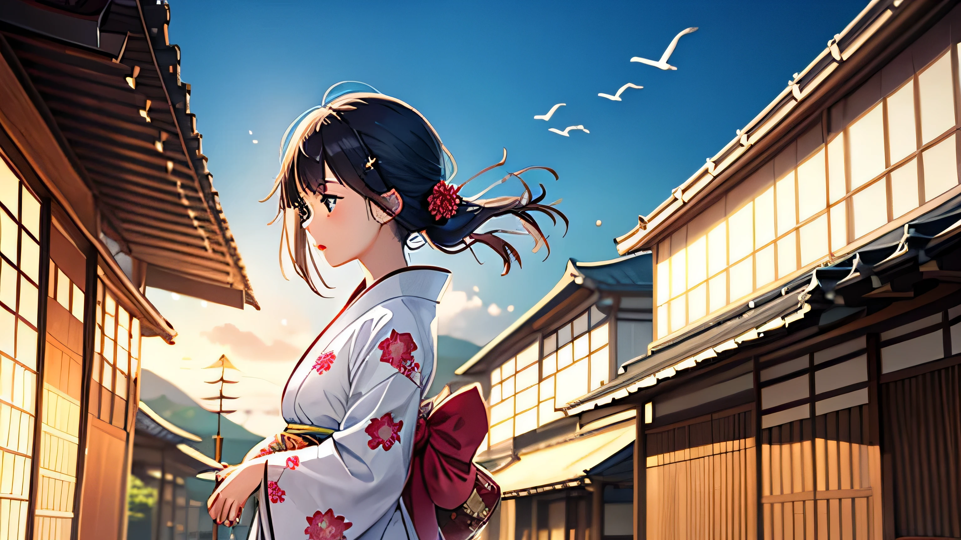 woman wearing kimono　Kyoto　Clear skies　summer　wind chimes