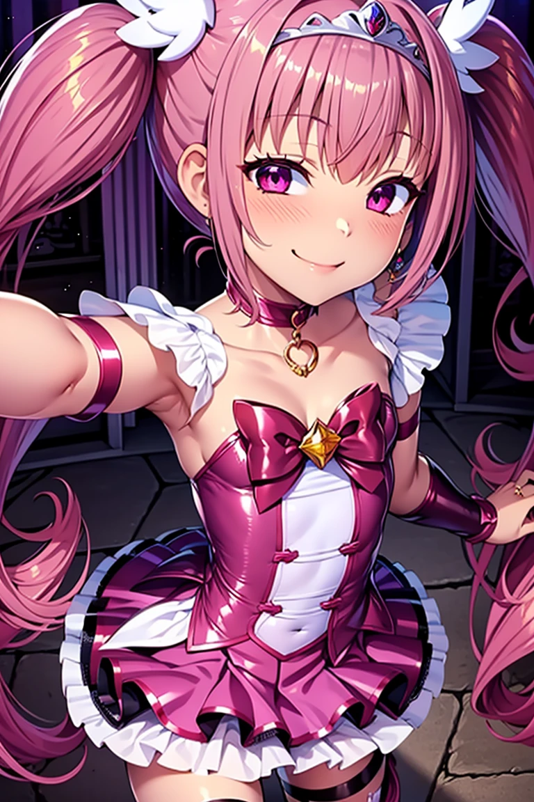 Cure happiness, low twin tails, Feather hair ornament, skirt, tiara, wrist cuffs, pink shorts, shorts under skirt, boots, corruption, empty eyes, half closed eyes, evil smile, There are no students, crazy smile, open your mouth, 1 girl, mature woman, married woman, Dark Magical Girl