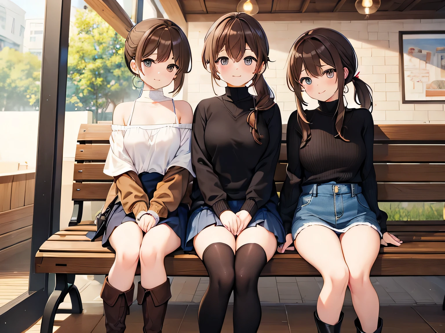 (masterpiece、highest quality、High resolution、realistic pictures、real looking skin:1.1)、
(Three women are sitting on chairs in a cafe:1.5)、
(All three of them have short skirts so their panties are visible.:1.5)、
(All three have smiling expressions:1.5)、
(The first person is wearing an off-the-shoulder long-sleeved knit and a denim miniskirt, brown long boots, and has short brown hair.:1.8)、
(The second person is wearing a V-neck long-sleeved knit, a navy blue pleated miniskirt, black long boots, and has long black hair.:1.8)、
(The third person is wearing a long-sleeved turtleneck sweater, a black houndstooth miniskirt, long black boots, and brown hair in a ponytail.:1.8)、
(The location is a bench in a cafe.:1.5)、
1 Japanese girl、full body esbian、beautiful eyes、shining eyes、Shining thighs、NSFW