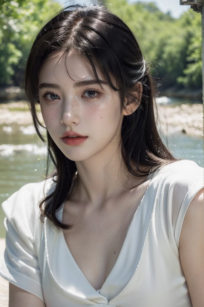 ( masterpiece, top quality, best quality,8k, girl,ultra detailed,raw photo:1.5),(photorealistic:1.4), (bangs, black hair:1.5), (cinematic lighting), PerfectNwsjMajic, , Surrealism, UHD, ccurate, Super detail, textured skin, High detail, Best quality, dynamic angle, White skin,[Beautiful blue eyes], high nose,[flat chest:large breasts:0.5],(1girl),(good anatomy:0.5)),(outside,river, portrait:1.5),white dress, freckles,original face 