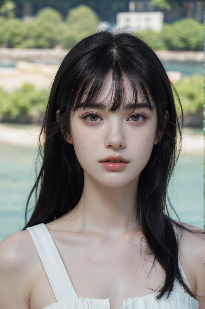 ( masterpiece, top quality, best quality,8k, girl,ultra detailed,raw photo:1.5),(photorealistic:1.4), (bangs, black hair:1.5), (cinematic lighting), PerfectNwsjMajic, , Surrealism, UHD, ccurate, Super detail, textured skin, High detail, Best quality, dynamic angle, White skin,[Beautiful blue eyes], high nose,[flat chest:large breasts:0.5],(1girl),(good anatomy:0.5)),(outside,river,portrait:1.5),white dress, freckles,original face 