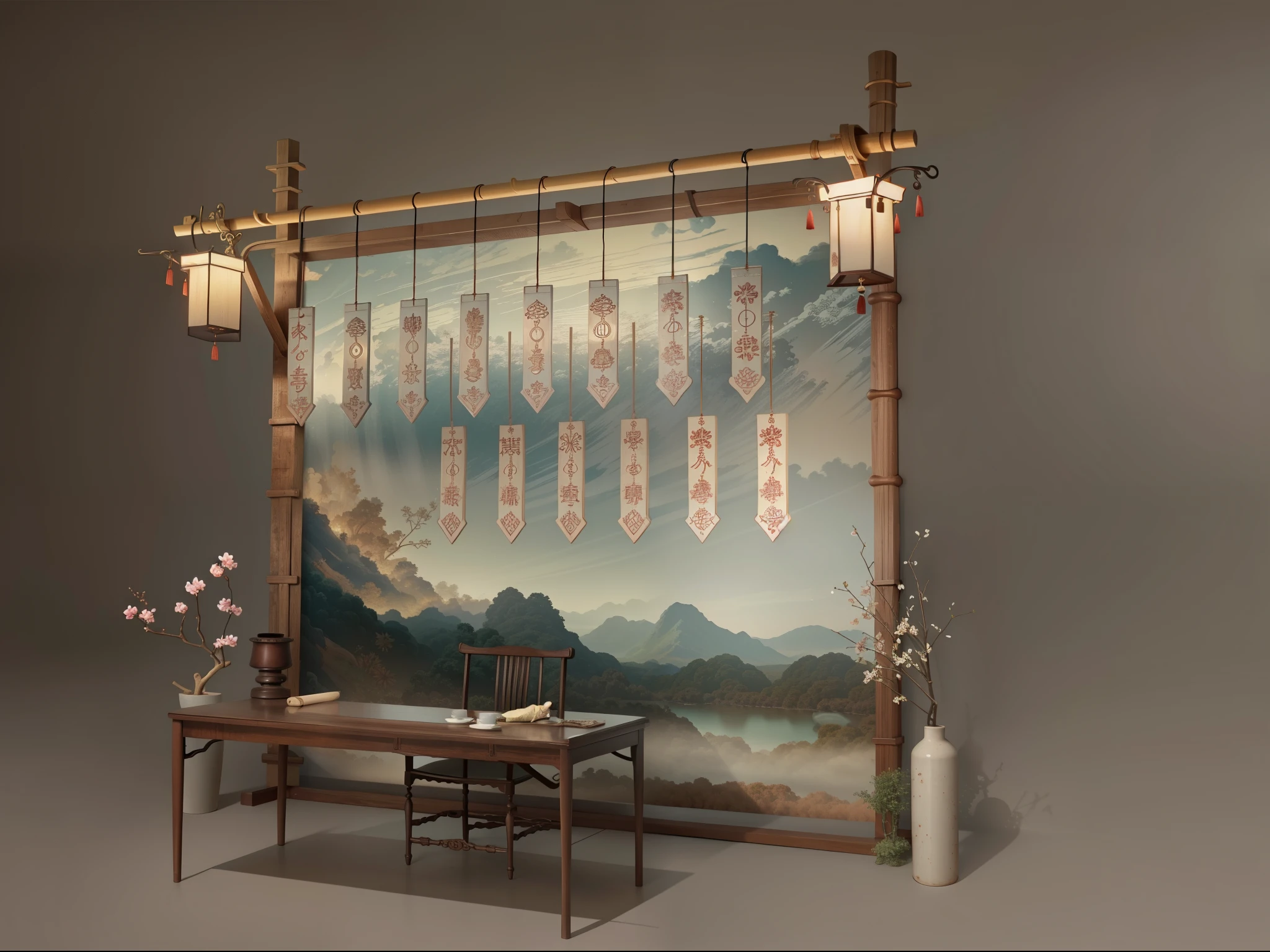 (masterpiece, top quality, best quality, official art, Beautiful and beautiful:1.2),(8K, best quality, masterpiece:1.2), CGguofengfeitianswa, 史诗级CGmasterpiece, high dynamic range,digitalTM, Manha,8K, Ultra-detailed graphic tension, dynamic poses, stunning colors, 3D rendering, surrealism, Cinema-level lighting effects, realism, 00 renderer, Surreal, super wide angle。A wine launch venue sign-in backboard with a minimal and cosy stagecoach installation with many wooden plaques hanging from the lintel as a sign-in, inspired by ancient chivalrous stagecoaches, pagodas, pavilions, bamboo, organic lines and textures, China, nods,Chinese culture,Oriental charm。