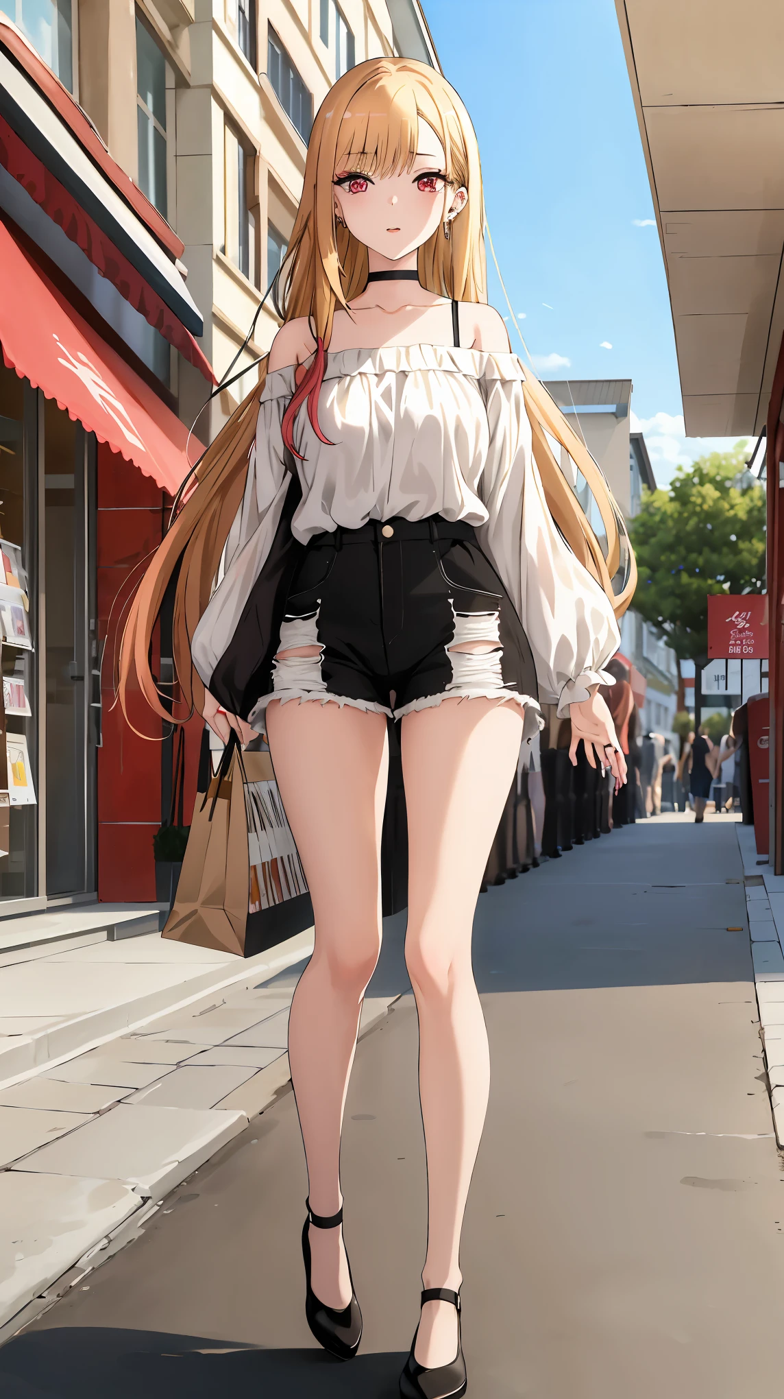 masterpiece, highest quality, High resolution, kitagawa marin sb, The centre of gravity is at the rear, 1 girl, blonde hair, long hair, colorful hair, red eyes, jewelry, earrings, earrings, , white off shoulder, black shorts, (full body),  outdoor, shopping