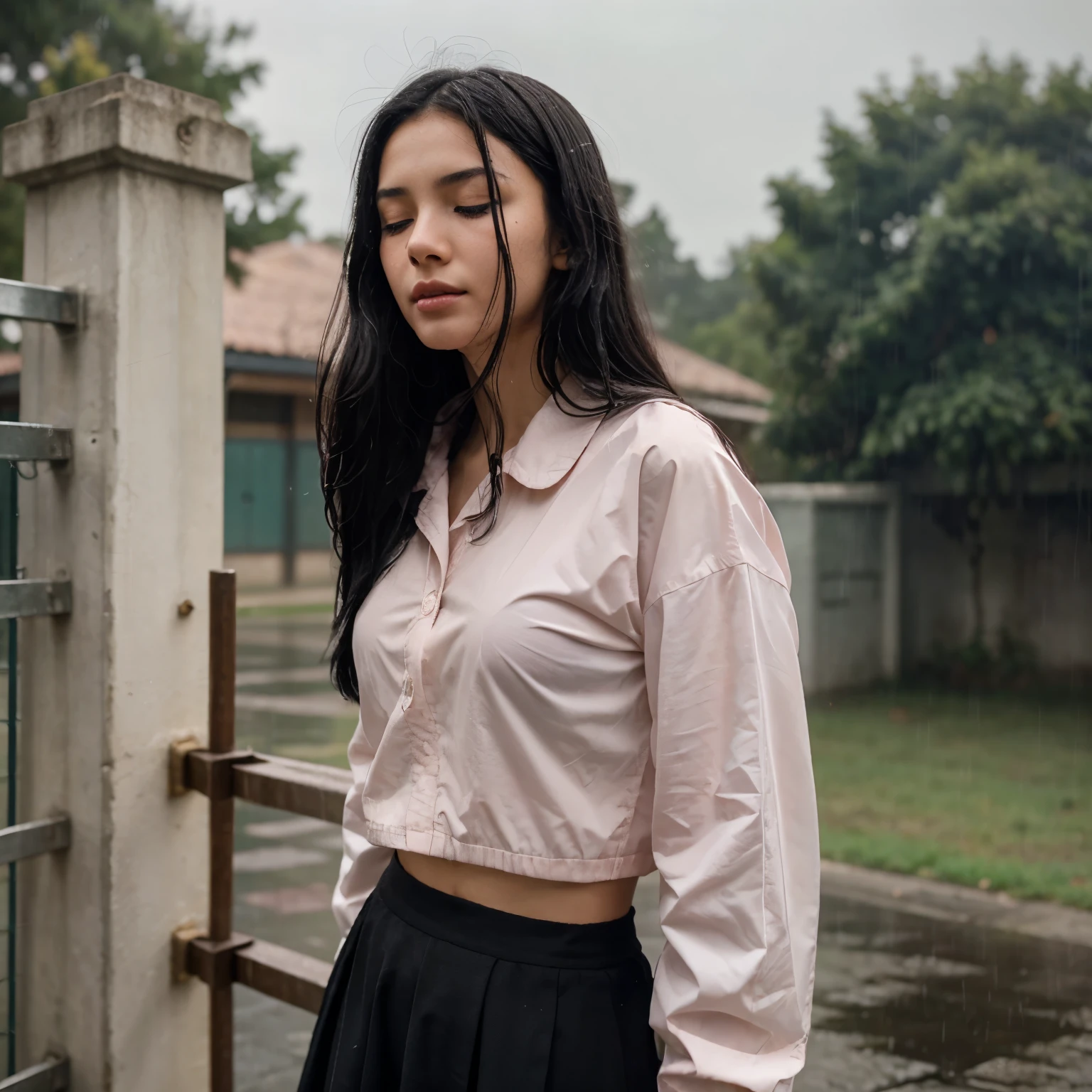 a girl about , waist-length black hair, tilted angle, standing against the school gate, raising her head slightly, it was raining, closed her eyes, pursed her lips slightly, the corners of her eyes were pink, it was raining