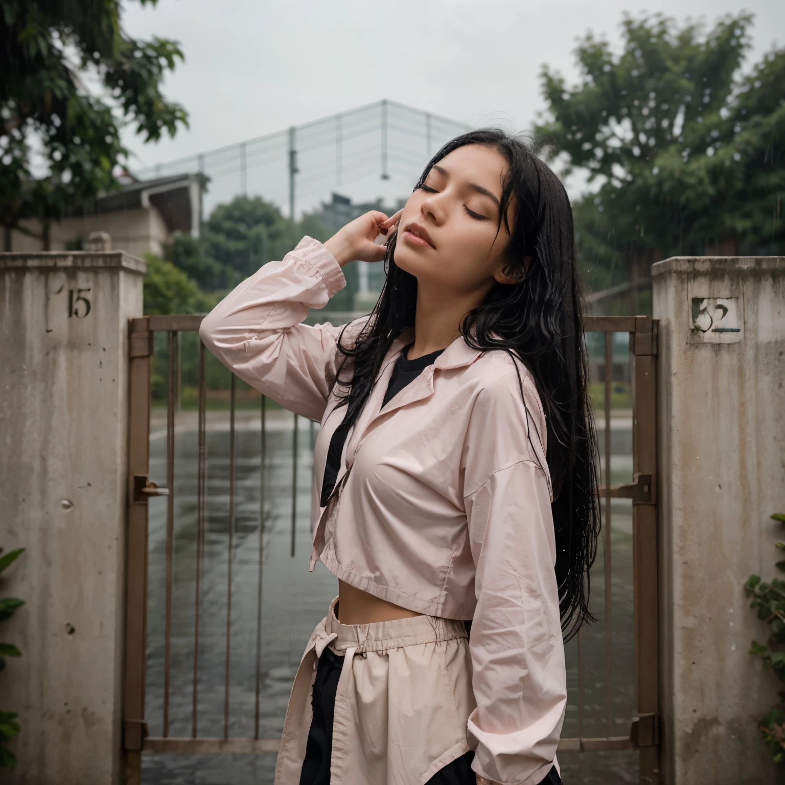 a girl about eighteen years old, waist-length black hair, tilted angle, standing against the school gate, raising her head slightly, it was raining, closed her eyes, pursed her lips slightly, the corners of her eyes were pink, it was raining