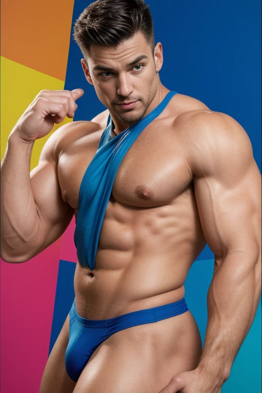 (A muscular man:vivid colors,shirtless:1.1,Kirbywood style,vintage color comics,showcasing:1.1,sharp focus,hi-res details,intricate features,creating,vivid colors,masterpiece:1.2,8k quality) cubism background, playboy poster, SFW