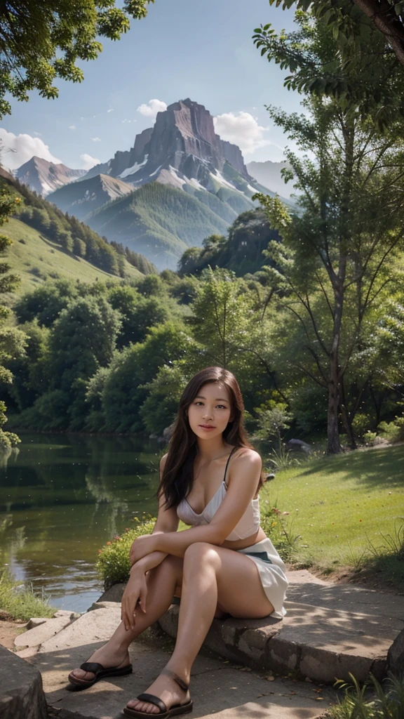 I want to make a realistic nature image in this image mountain view and there sit a beautiful chines girl 