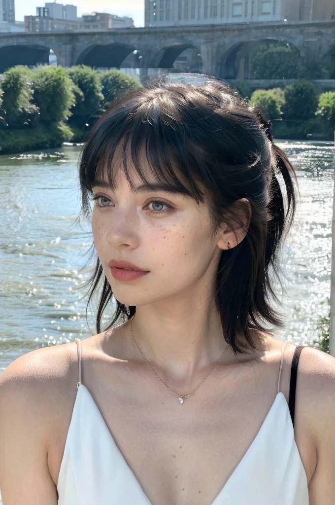 ( masterpiece, top quality, best quality,8k,17 years old girl,ultra detailed,raw photo:1.5),(photorealistic:1.4), (bangs, black hair:1.5), (cinematic lighting), PerfectNwsjMajic, , Surrealism, UHD, ccurate, Super detail, textured skin, High detail, Best quality, dynamic angle, White skin,[Beautiful blue eyes], high nose,[flat chest:large breasts:0.5],(1girl),(good anatomy:0.5)),(outside,river, portrait:1.5),white dress, freckles,original face 