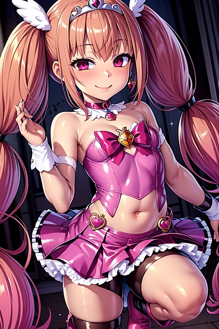 Cure happiness, low twin tails, Feather hair ornament, skirt, tiara, wrist cuffs, pink shorts, shorts under skirt, boots, corruption, empty eyes, half closed eyes, evil smile, There are no students, crazy smile, open your mouth, 1 girl, mature woman, married woman, Dark Magical Girl, 18-year-old,