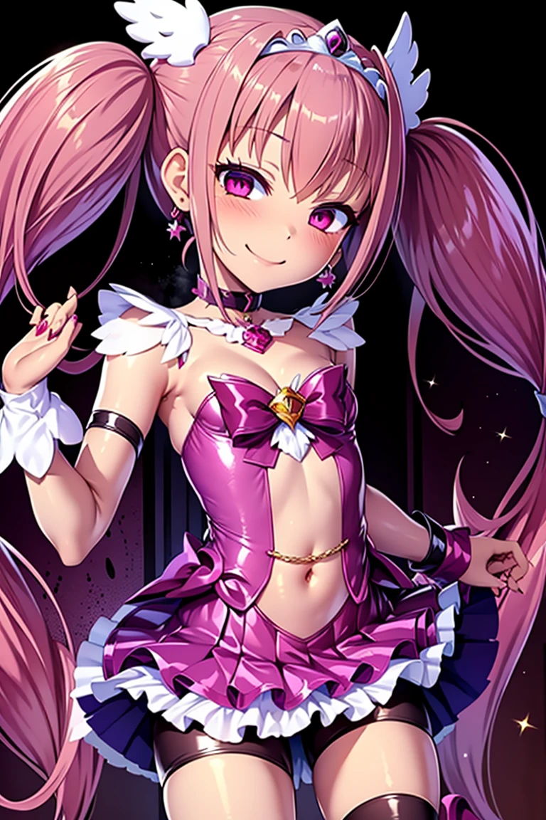 Cure happiness, low twin tails, Feather hair ornament, skirt, tiara, wrist cuffs, pink shorts, shorts under skirt, boots, corruption, empty eyes, half closed eyes, evil smile, There are no students, crazy smile, open your mouth, 1 girl, mature woman, married woman, Dark Magical Girl, 18-year-old,